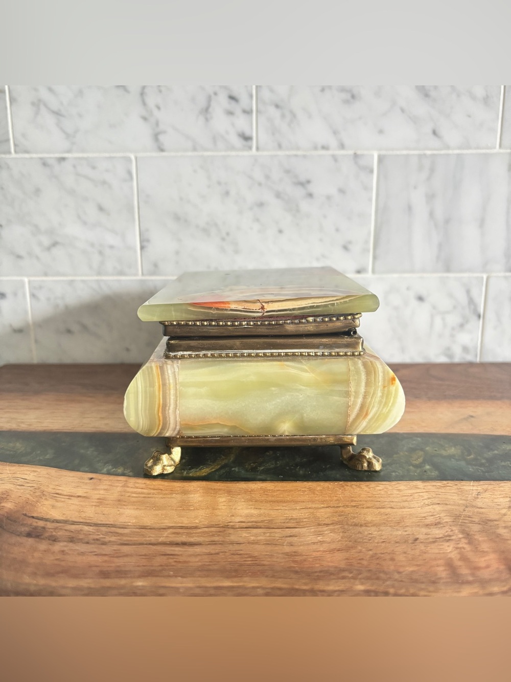 Vintage Green and Brown Marble Onyx Stone and Brass Footed Jewelry Trinket Box - Picture 4 of 12